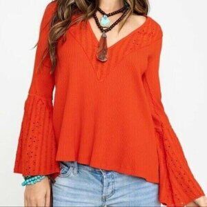 Free People Top Womens XTRA‎ SMALL Eyelet Lace Bell Sleeve Boho Orange V-Neck